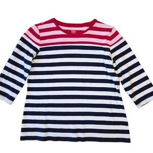 Kim Rogers 100% Cotton M Womens Navy Red Striped 3/4 Sleeve America Nautical Top